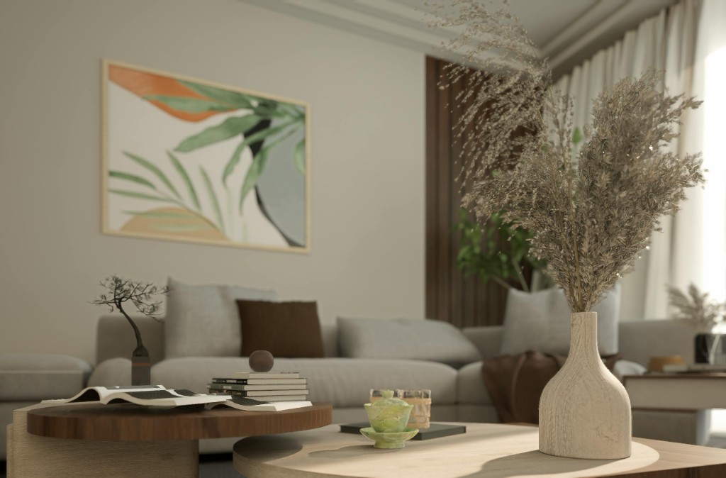 Salon contemporain avec canapé, tableau végétal et décoration naturelle